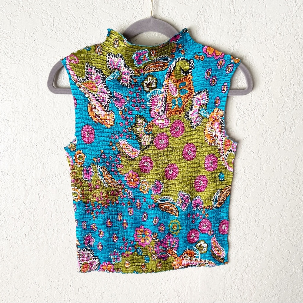 VINTAGE Y2K Le Pleat Crinkle 70s Print Boho Floral Tank Top L - Picture 2 of 7